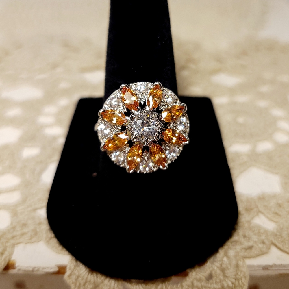 Amber Citrine Orange Gemstone Silver Flower Ring 925